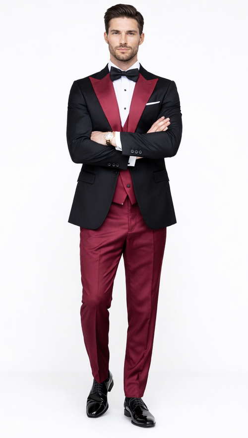 Statement Fashion Tuxedo Suit Mens Burgundy Black Trendy Tux
