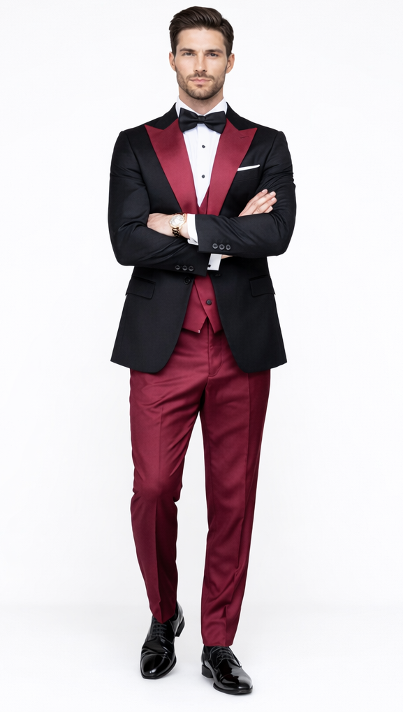 Statement Fashion Tuxedo Suit Mens Burgundy Black Trendy Tux