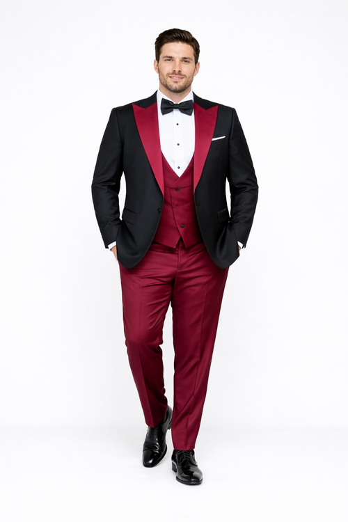 Statement Fashion Tuxedo Suit Mens Burgundy Black Trendy Tux