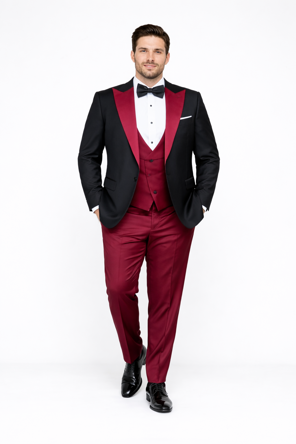 Statement Fashion Tuxedo Suit Mens Burgundy Black Trendy Tux