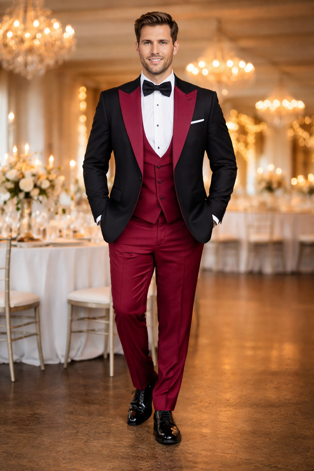 Statement Fashion Tuxedo Suit Mens Burgundy Black Trendy Tux
