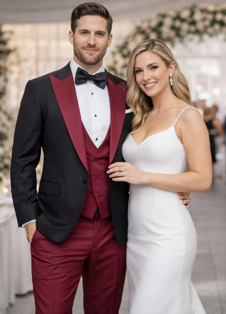 Statement Fashion Tuxedo Suit Mens Burgundy Black Trendy Tux