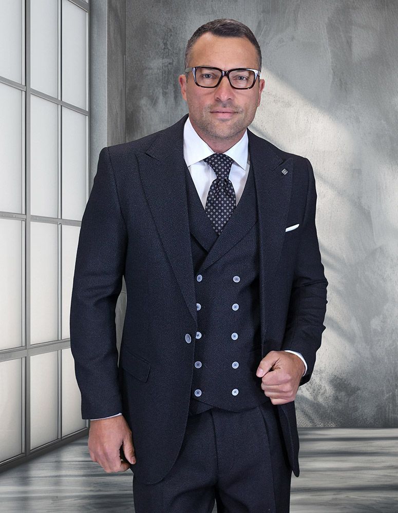Statement Mens Big and Tall 3 Piece 100% Super 200s Wool Suit – Classic Fit Woven Texture, Wide Leg Pants - 34 Short or Extra Small