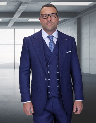 Statement Mens Big and Tall 3 Piece 100% Super 200s Wool Suit – Classic Fit Woven Texture, Wide Leg Pants