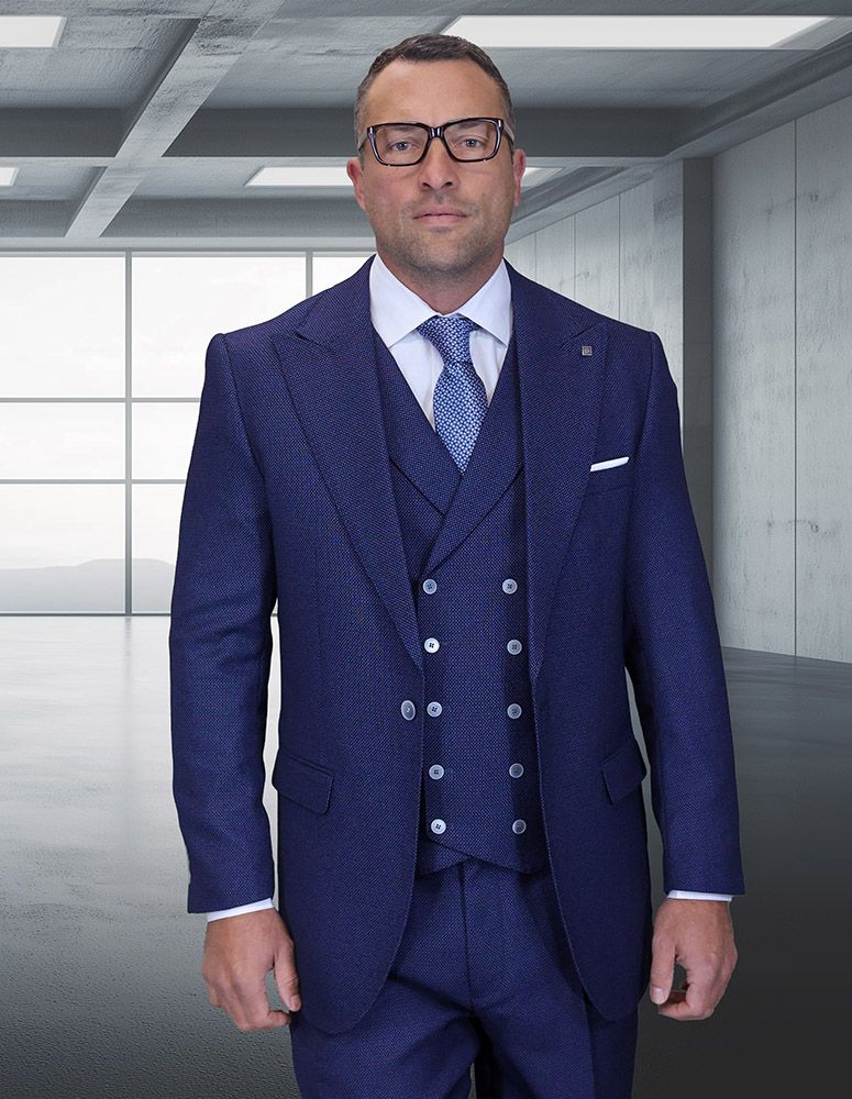 Statement Mens Big and Tall 3 Piece 100% Super 200s Wool Suit – Classic Fit Woven Texture, Wide Leg Pants