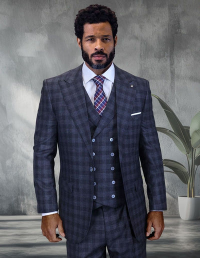 Statement Mens Classic Fit 3 Piece 100% Super 200s Wool Windowpane Plaid Suit – Wide Leg Pleated Pants