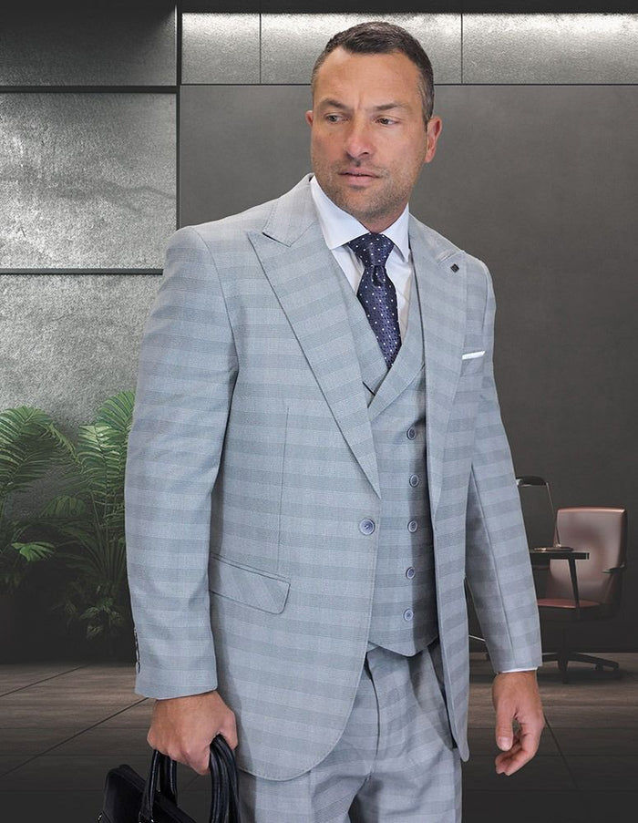 Statement Mens Classic Fit 3 Piece 100% Super 200s Wool Windowpane Plaid Suit – Wide Leg Pleated Pants