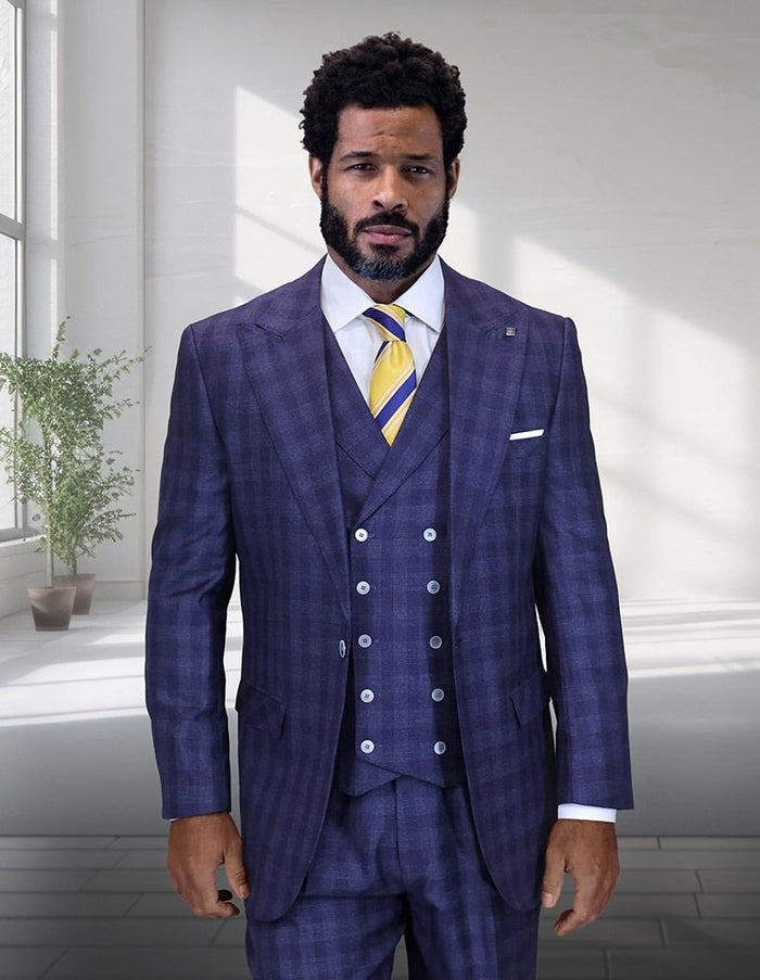 Statement Mens Classic Fit 3 Piece 100% Super 200s Wool Windowpane Plaid Suit – Wide Leg Pleated Pants