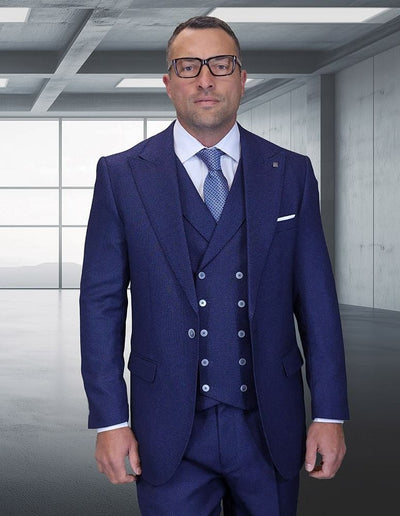 Statement Mens Classic Fit 3 Piece 100% Super 200s Wool Woven Texture Suit – Wide Leg Pleated Pants