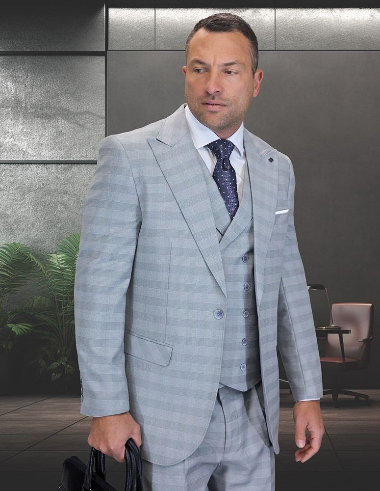 Statement Mens Classic Fit 3 Piece 100% Wool Windowpane Plaid Suit – Wide Leg Pleated Pants