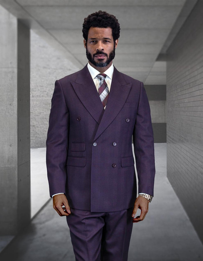 Statement Men's Double Breasted Plaid Purple Eggplant Designer Suit Imperial