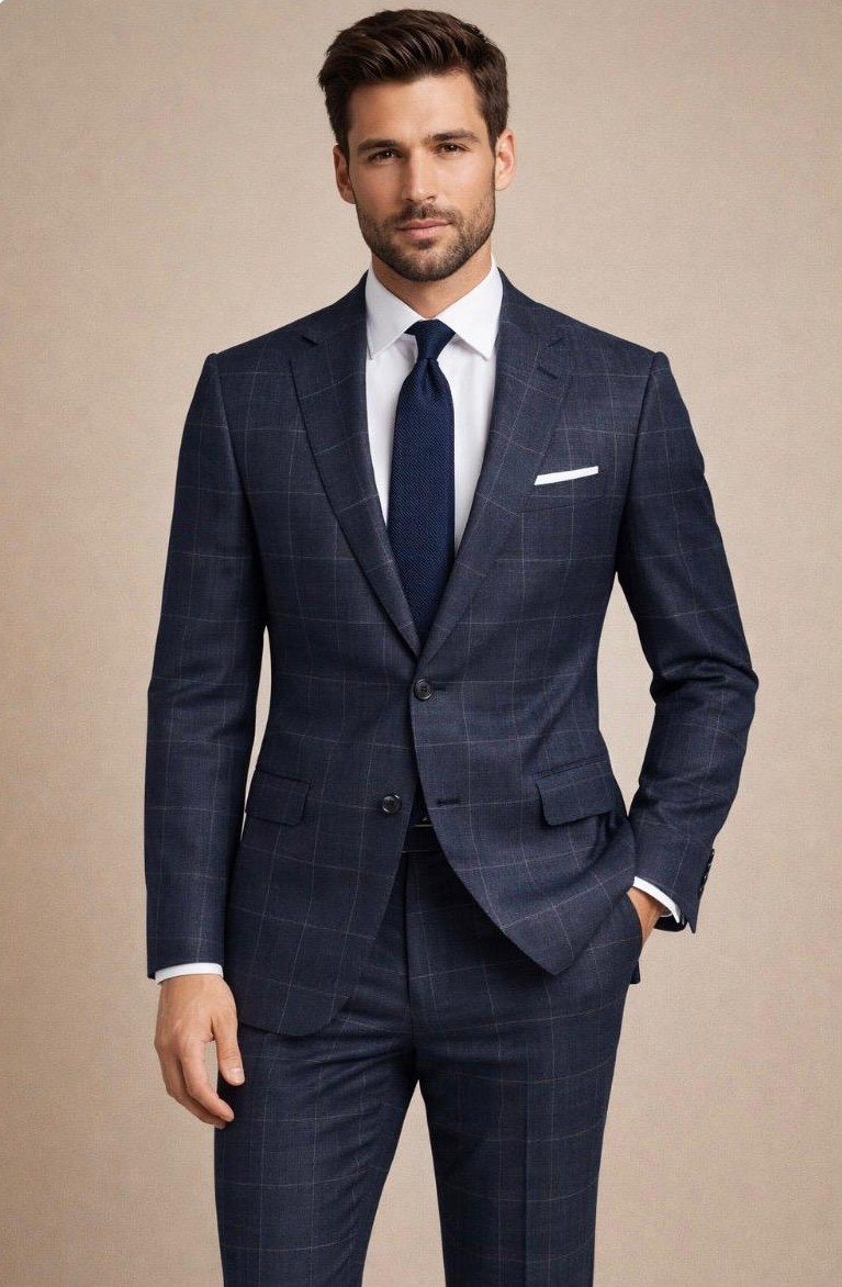 Statement Mens Modern Fit 2 Piece 100% Super 200s Wool Fine Windowpane Suit – Single Breasted Notch Lapel Jacket - 34 Short or Extra Small