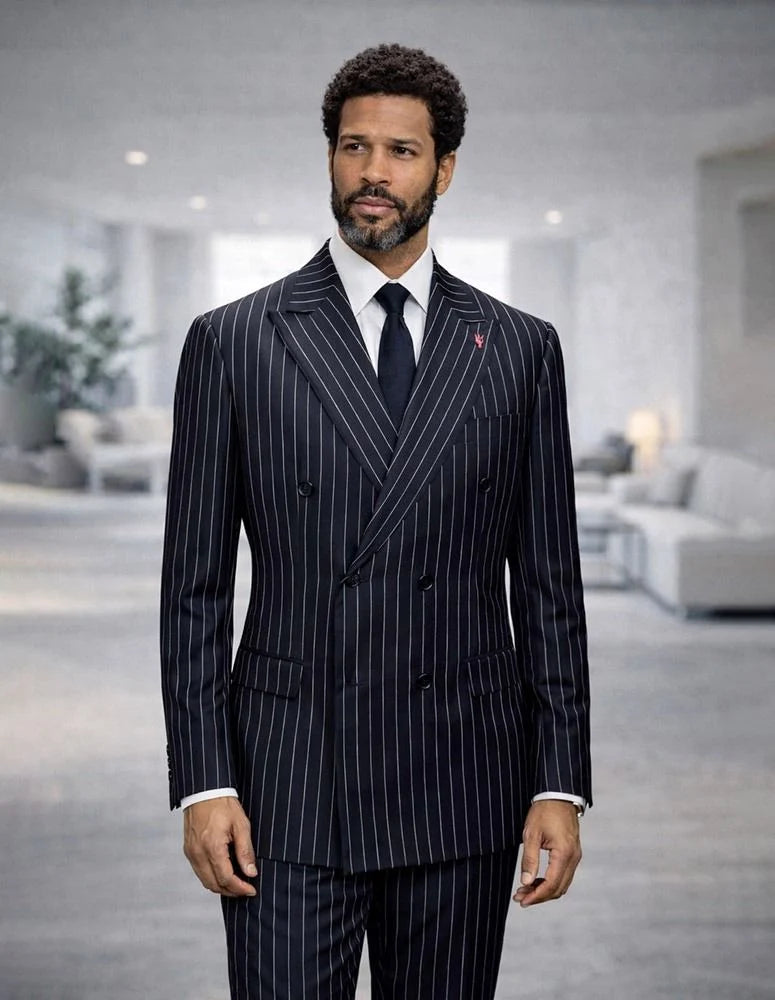 Statement Mens Modern Fit 2 Piece 100% Super 200s Wool Pinstripe Suit – Double Breasted Peak Lapel - 34 Short or Extra Small