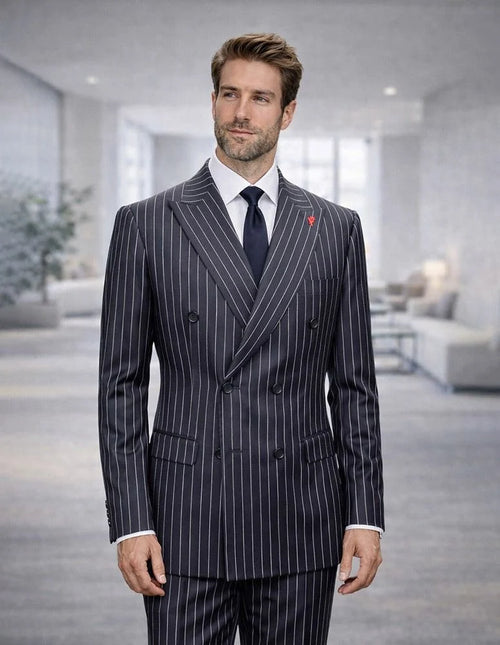 Statement Mens Modern Fit 2 Piece 100% Super 200s Wool Pinstripe Suit – Double Breasted Peak Lapel