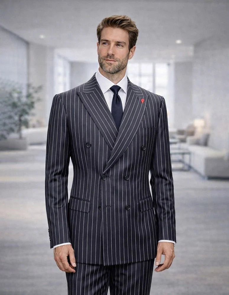 Statement Mens Modern Fit 2 Piece 100% Super 200s Wool Pinstripe Suit – Double Breasted Peak Lapel - 34 Short or Extra Small