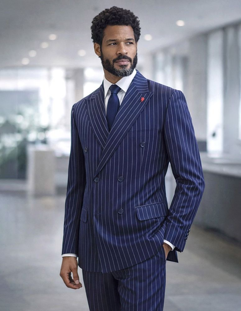 Statement Mens Modern Fit 2 Piece 100% Super 200s Wool Pinstripe Suit – Double Breasted Peak Lapel - 34 Short or Extra Small