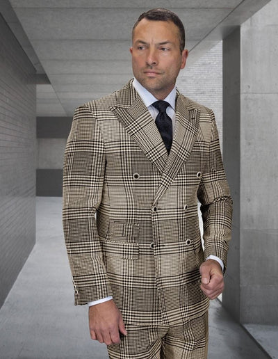 Statement Mens Modern Fit 2 Piece 100% Super 200s Wool Plaid Suit – Double Breasted Peak Lapel Jacket
