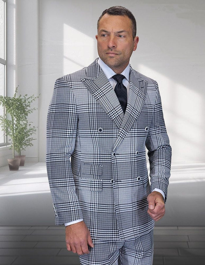 Statement Mens Modern Fit 2 Piece 100% Super 200s Wool Plaid Suit – Double Breasted Peak Lapel Jacket
