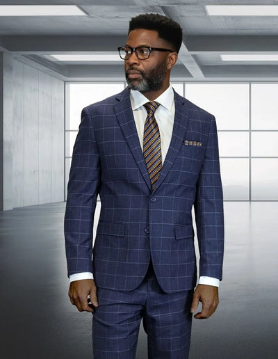 Statement Mens Modern Fit 2 Piece 100% Super 200s Wool Sharp Windowpane Plaid Suit – Single Breasted Notch Lapel Jacket