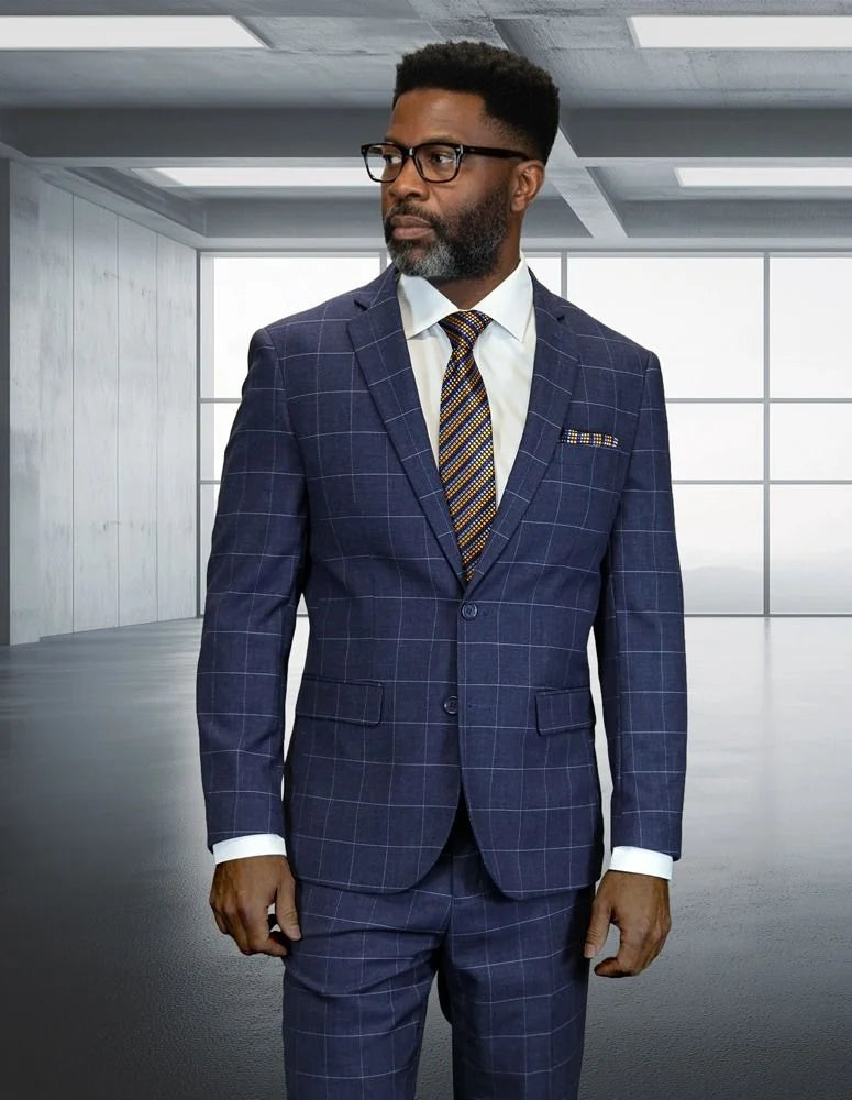 Statement Mens Modern Fit 2 Piece 100% Super 200s Wool Sharp Windowpane Plaid Suit – Single Breasted Notch Lapel Jacket - 34 Short or Extra Small