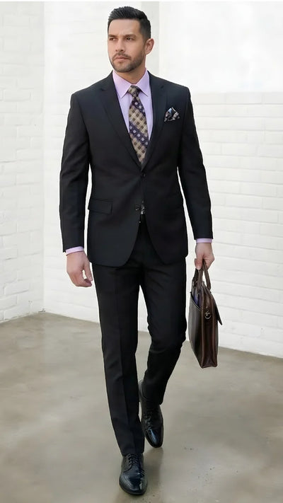 Statement Mens Modern Fit 2 Piece 100% Super 200s Wool Suit – Solid Colors, Notch Lapel Jacket