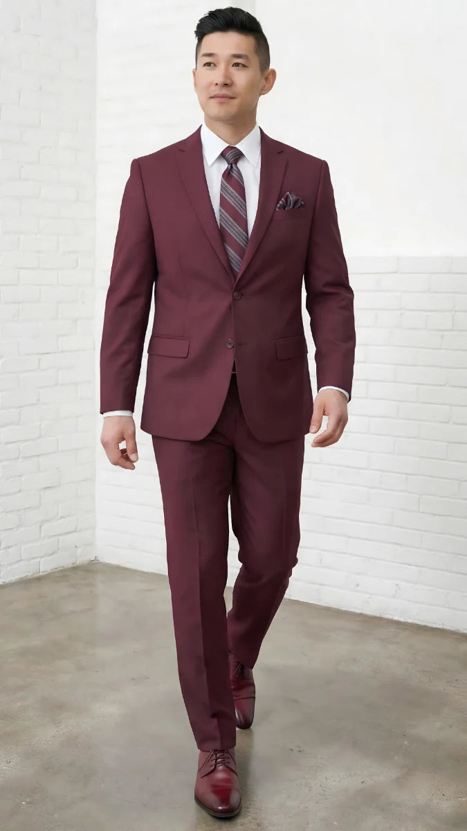 Statement Mens Modern Fit 2 Piece 100% Super 200s Wool Suit – Solid Colors, Notch Lapel Jacket - 34 Short or Extra Small