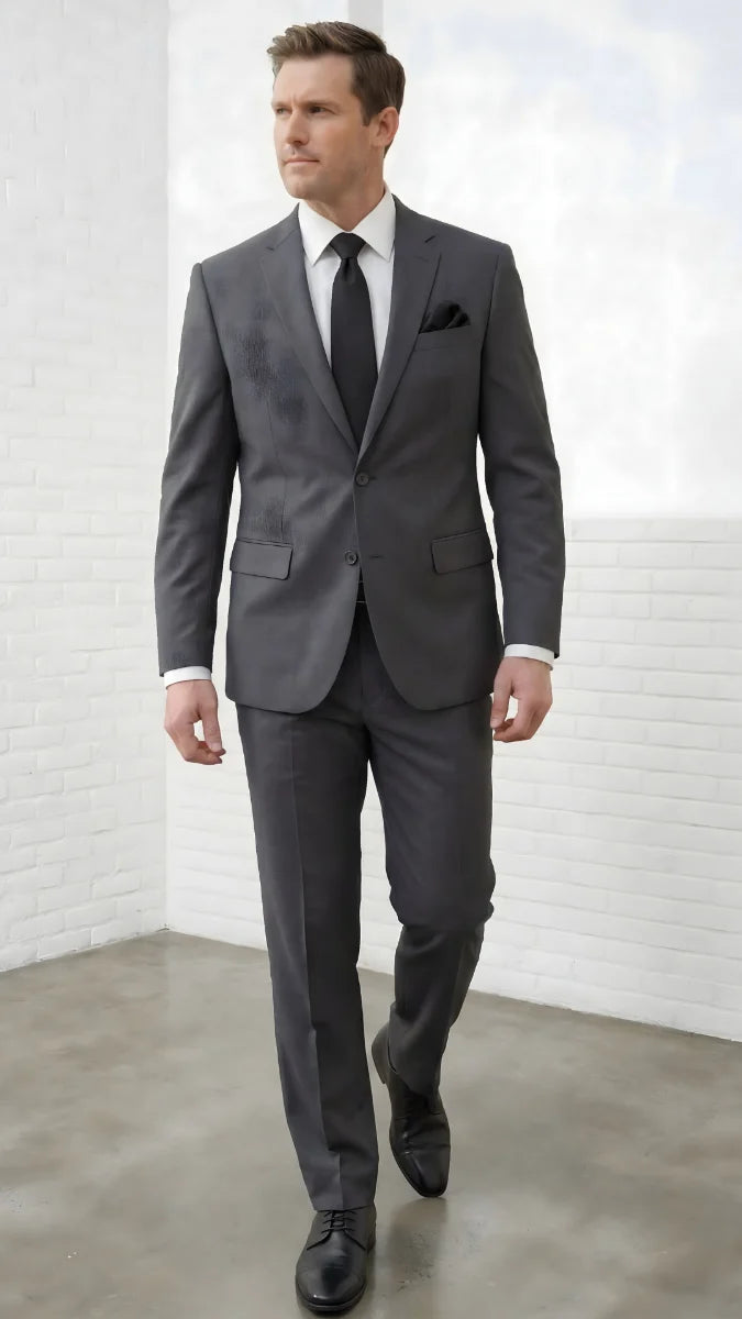 Statement Mens Modern Fit 2 Piece 100% Super 200s Wool Suit – Solid Colors, Notch Lapel Jacket - 34 Short or Extra Small