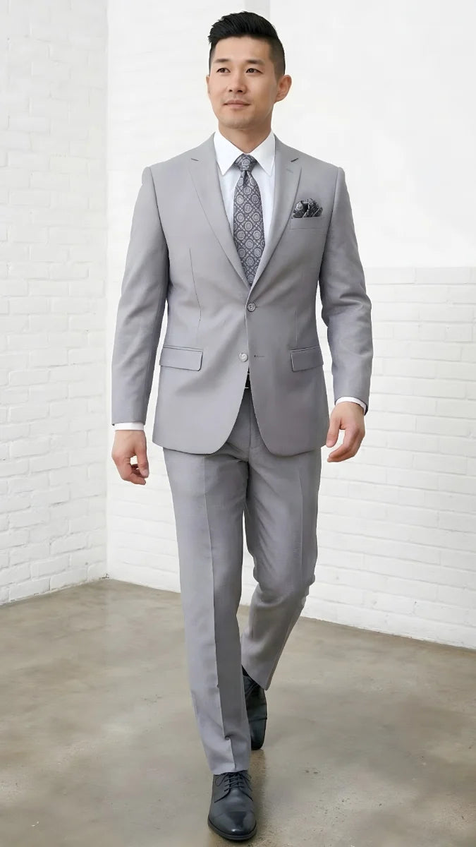Statement Mens Modern Fit 2 Piece 100% Super 200s Wool Suit – Solid Colors, Notch Lapel Jacket