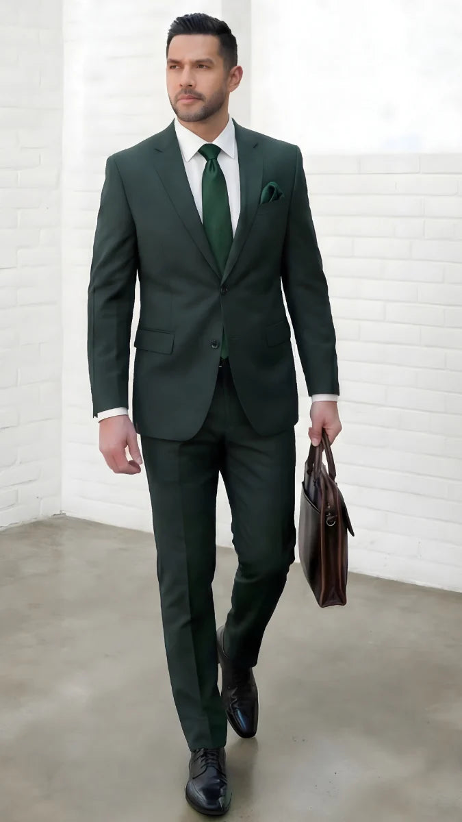 Statement Mens Modern Fit 2 Piece 100% Super 200s Wool Suit – Solid Colors, Notch Lapel Jacket - 34 Short or Extra Small