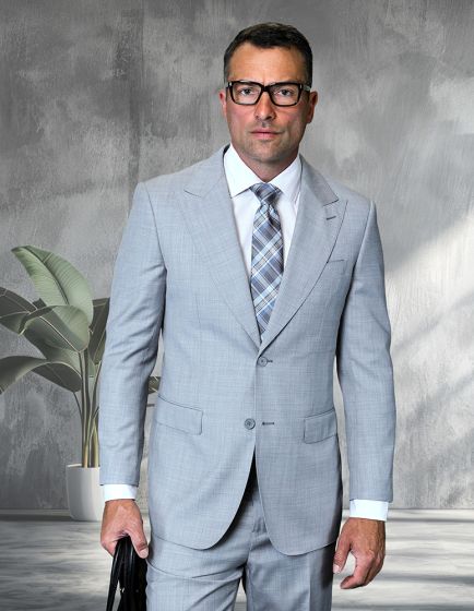 Statement Mens Modern Fit 2 Piece 100% Super 200s Wool Suit – Peak Lapel with Pick Stitching