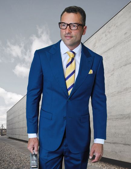Statement Mens Modern Fit 2 Piece 100% Super 200s Wool Suit – Peak Lapel with Pick Stitching - 34 Short or Extra Small