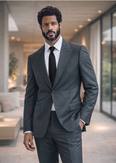 Statement Mens Modern Fit 2 Piece 100% Super 200s Wool Suit – Peak Lapel with Pick Stitching