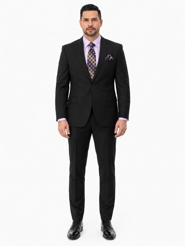 Statement Mens Modern Fit 2 Piece 100% Super 200s Wool Suit – Solid Colors, Notch Lapel Jacket