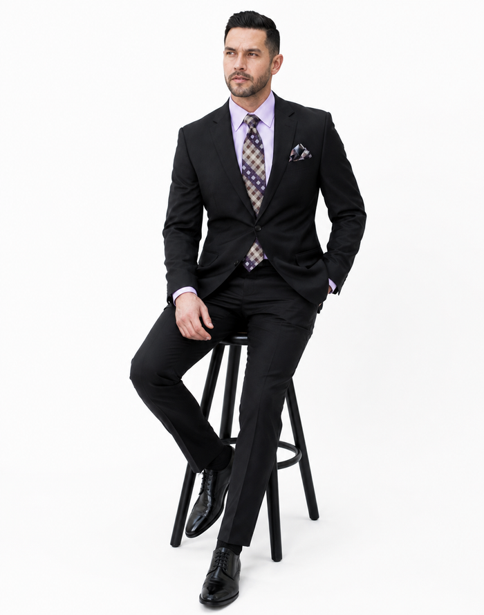 Statement Mens Modern Fit 2 Piece 100% Super 200s Wool Suit – Solid Colors, Notch Lapel Jacket