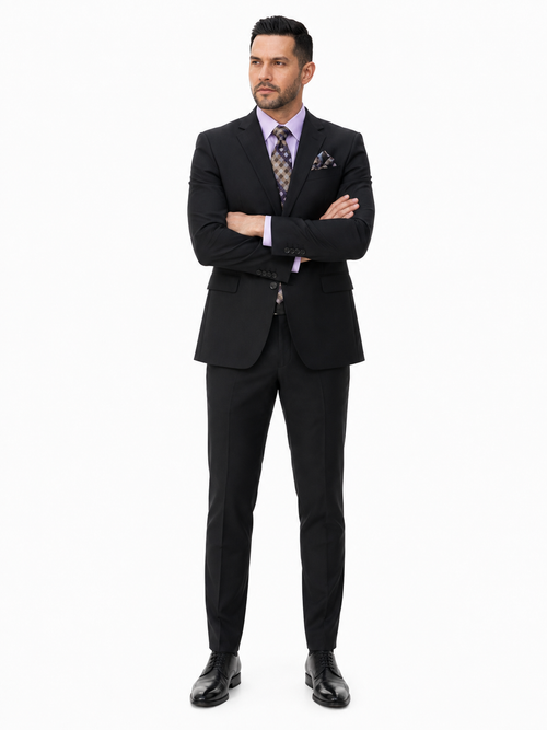 Statement Mens Modern Fit 2 Piece 100% Super 200s Wool Suit – Solid Colors, Notch Lapel Jacket