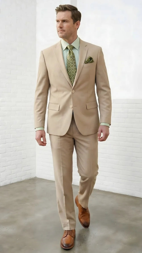 Statement Mens Modern Fit 2 Piece 100% Super 200s Wool Suit – Solid Colors, Notch Lapel Jacket