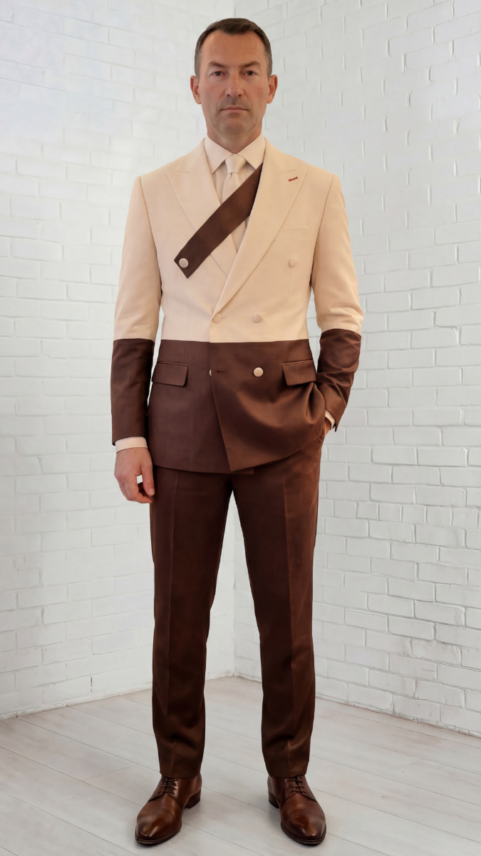 Statement Mens Modern Fit 2 Piece 100% Super 200s Wool Two Tone Suit – Double Breasted Peak Lapel Jacket with Chest Strap - 34 Short or Extra Small