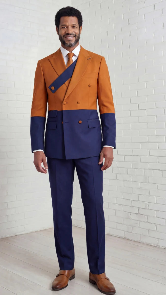 Statement Mens Modern Fit 2 Piece 100% Super 200s Wool Two Tone Suit – Double Breasted Peak Lapel Jacket with Chest Strap - 34 Short or Extra Small