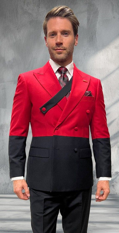 Statement Mens Modern Fit 2 Piece 100% Super 200s Wool Two Tone Suit – Double Breasted Peak Lapel Jacket with Chest Strap