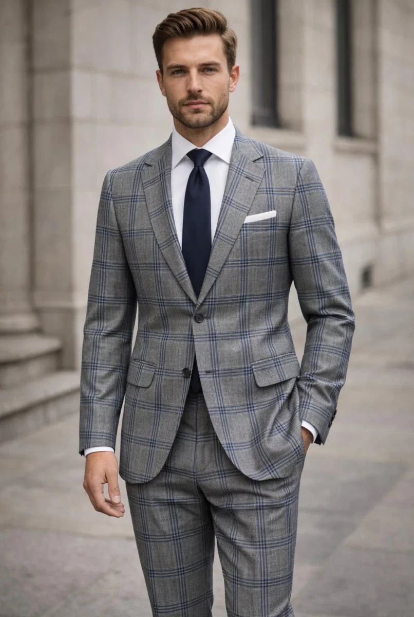 Statement Mens Modern Fit 2 Piece 100% Super 200s Wool Windowpane Plaid Suit – Single Breasted Notch Lapel Jacket - 34 Short or Extra Small