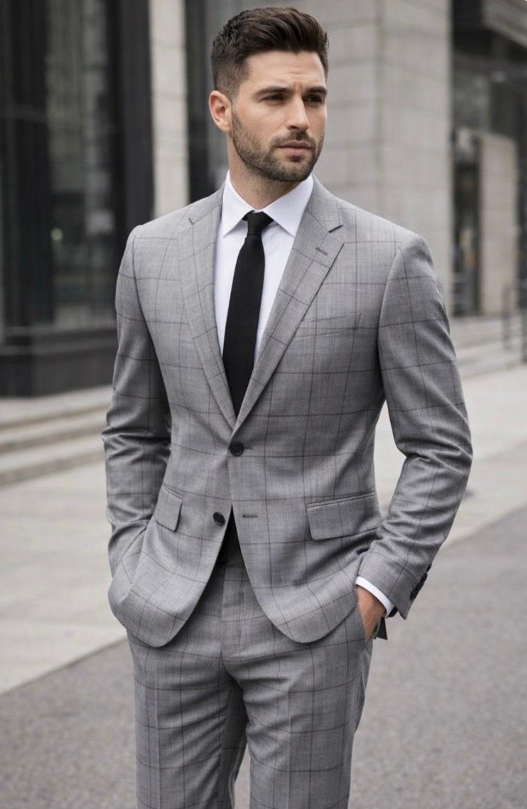 Statement Mens Modern Fit 2 Piece 100% Super 200s Wool Windowpane Suit – Single Breasted Notch Lapel Jacket - 34 Short or Extra Small