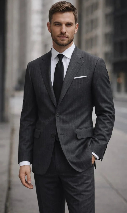 Statement Mens Modern Fit 2 Piece 100% Wool Pinstripe Suit – Single Breasted Notch Lapel Jacket