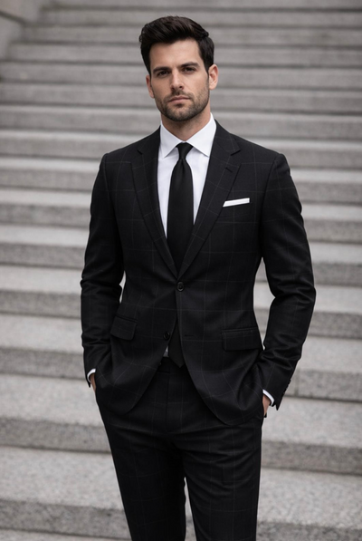Statement Mens Modern Fit 2 Piece 100% Wool Sharp Windowpane Suit – Single Breasted Notch Lapel Jacket