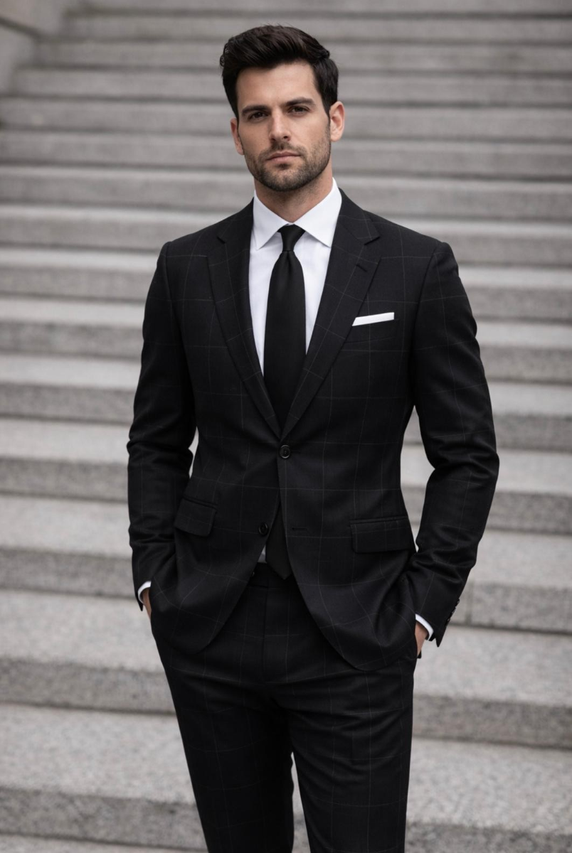 Statement Mens Modern Fit 2 Piece 100% Wool Sharp Windowpane Suit – Single Breasted Notch Lapel Jacket
