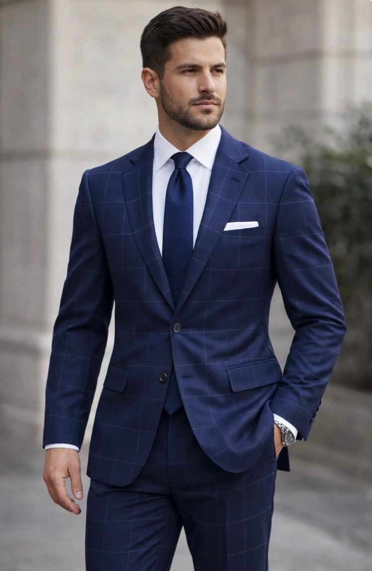 Statement Mens Modern Fit 2 Piece 100% Wool Sharp Windowpane Suit – Single Breasted Notch Lapel Jacket - 34 Short or Extra Small