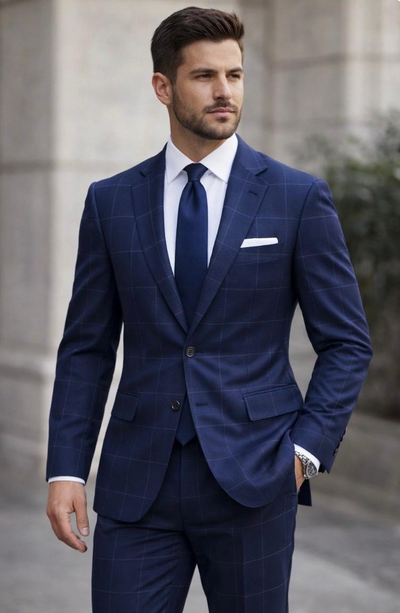 Statement Mens Modern Fit 2 Piece 100% Wool Sharp Windowpane Suit – Single Breasted Notch Lapel Jacket