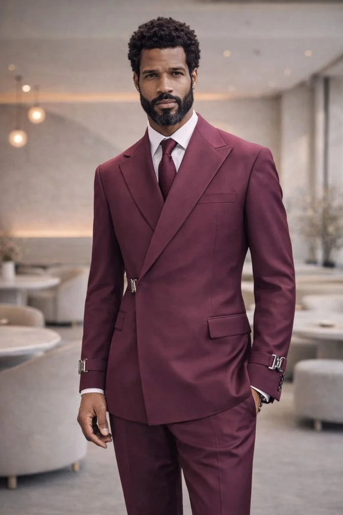 Statement Mens Modern Fit 2 Piece 100% Wool Suit – Double Breasted Jacket with Metal Buckle Closure