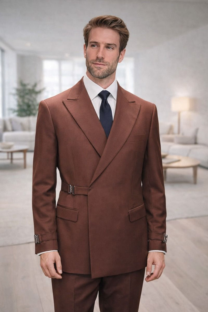 Statement Mens Modern Fit 2 Piece 100% Wool Suit – Double Breasted Jacket with Metal Buckle Closure
