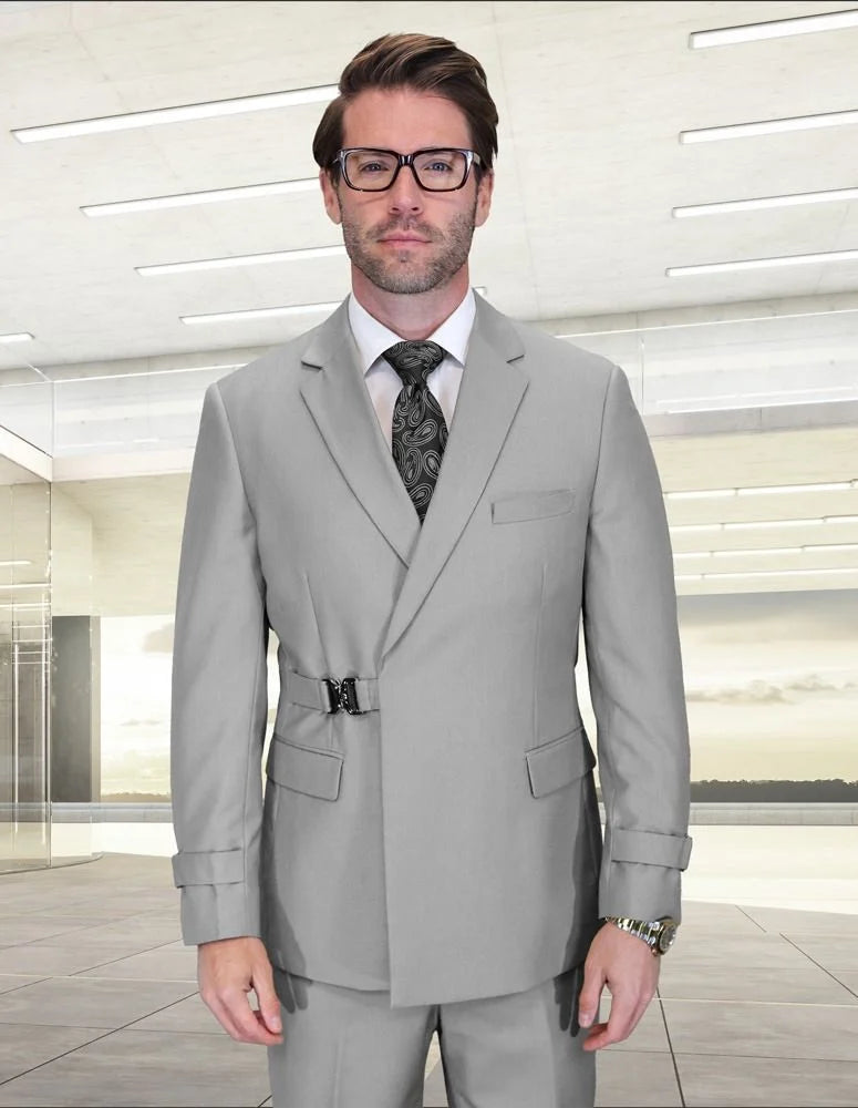 Statement Mens Modern Fit 2 Piece 100% Wool Suit – Double Breasted Jacket with Metal Buckle Closure - 34 Short or Extra Small