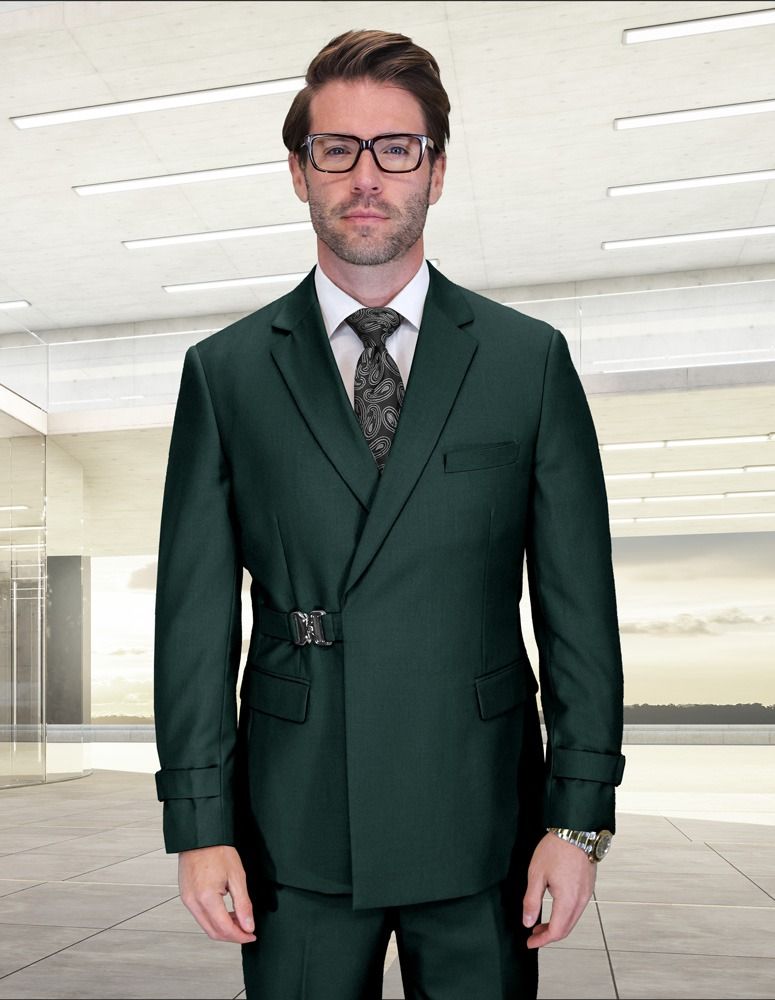 Statement Mens Modern Fit 2 Piece 100% Wool Suit – Double Breasted Jacket with Metal Buckle Closure - 34 Short or Extra Small